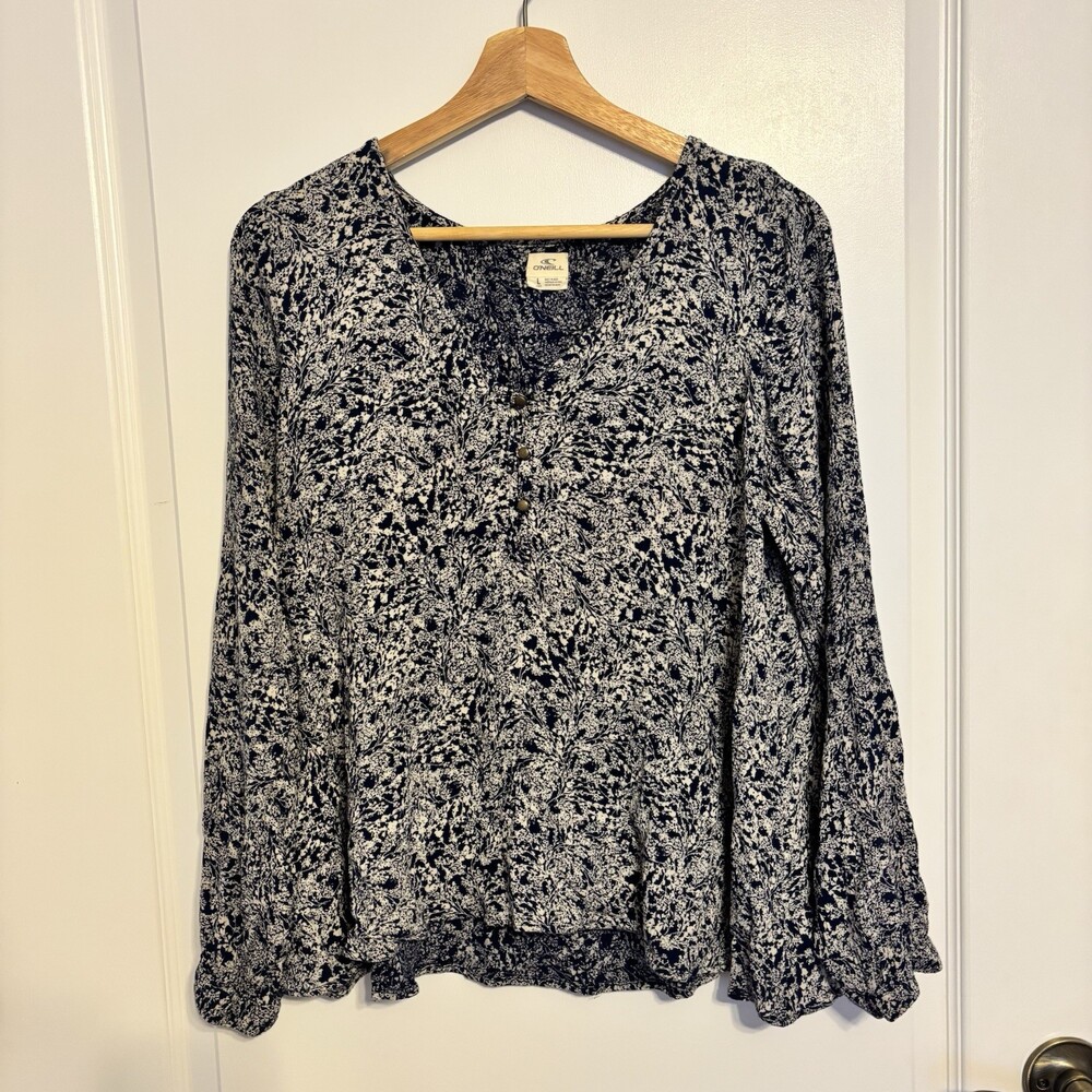 O'Neill Floral V-Neck Long Sleeve Button Blouse Navy White Size L‎